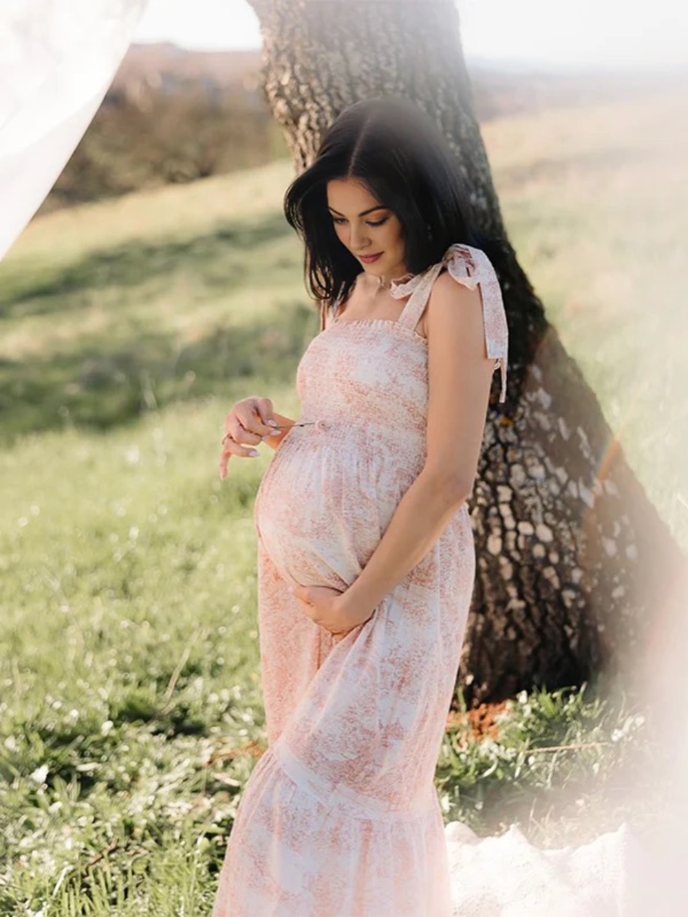 Smocked Tie-Shoulder Maternity Maxi Dress in light lilac